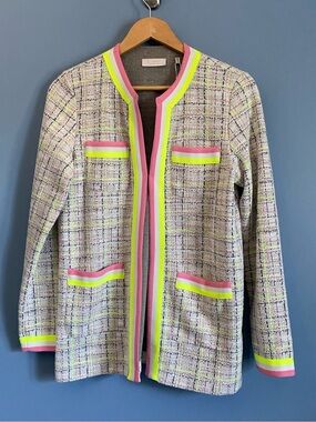Rich&Royal Women’s Tweed Longline Jacket with Neon Trim - Pink/Yellow